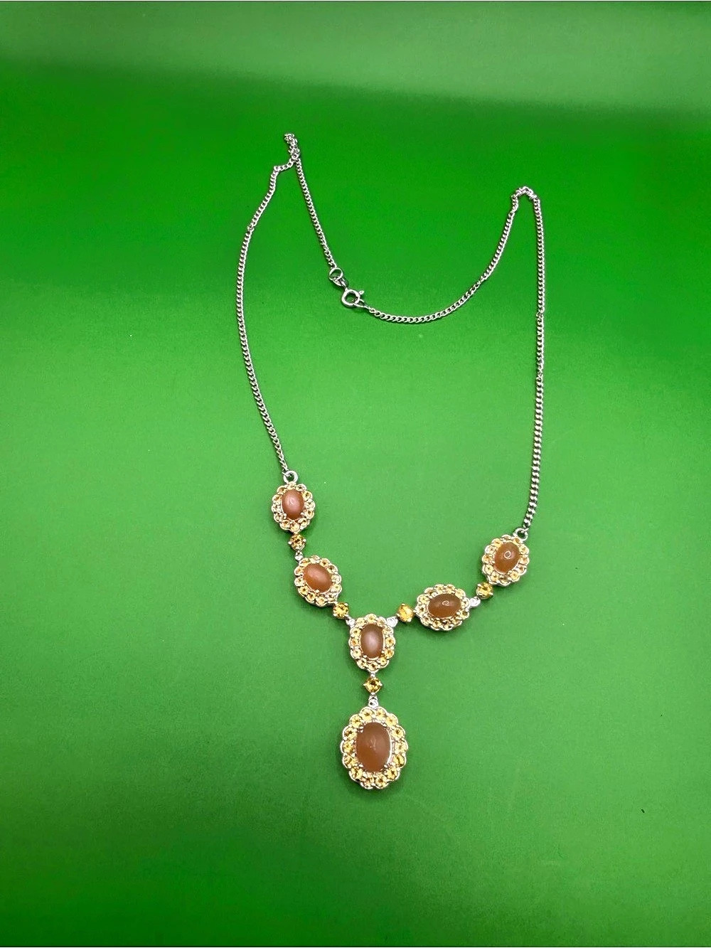 925 Sterling Silver Moonglow & Citrine Necklace 17”.